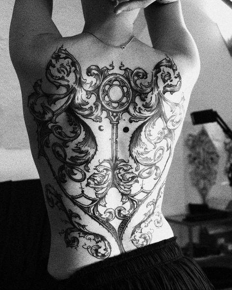 Large Gothic Tattoo, Full Backpiece Tattoo, Cathedral Back Tattoo, Baroque Tattoos, Massive Back Tattoo, Ornamental Back Tattoo Women, Gothic Back Tattoo, Baroque Tattoo, Full Back Tattoo