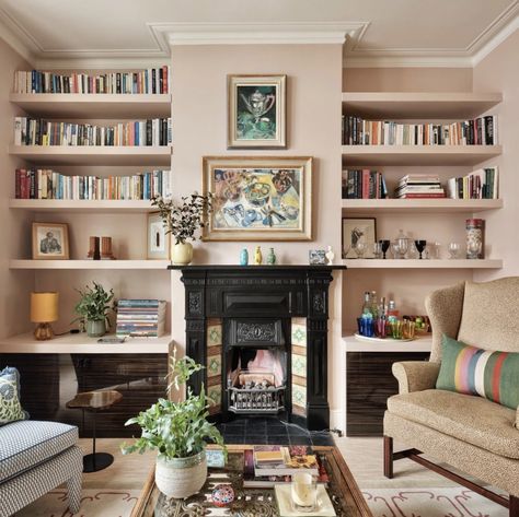 30 Floating Shelves Around Fireplace Ideas for Your Home Floating Shelves Around Fireplace, Around Fireplace Ideas, Fireplace Alcove Ideas, Alcove Storage Living Room, Shelves Around Fireplace, Floating Shelf Ideas, Fireplace Area, Alcove Shelves, Homes In London