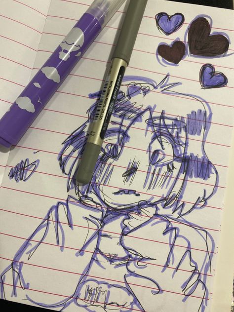 A draw with only a purple marker and a black pen Purple Pen Drawing, Purple Pen, Black Pen, Pen Sketch, Pen Drawing, Girl Drawing, A Black, Markers