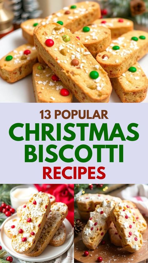 Delicious Christmas biscotti featuring festive toppings like red and green candy sprinkles, white sugar crystals, and frosted decorations. Perfect for holiday baking, these crunchy treats pair wonderfully with coffee or tea and make delightful gifts or party desserts. Easy and fun to prepare, they are a great addition to any Christmas treat platter or festive recipe collection. Sugar Cookie Biscotti Recipe, Cinnamon Roll Biscotti, Homemade Biscotti Recipe, Biscotti Recipe Classic, Biscotti Recipes Best, Biscotti Recipe Italian, Healthy Biscotti Recipe, Biscotti Recipe Easy, Soft Biscotti Recipe