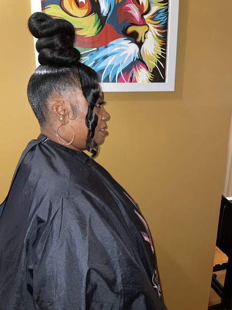 Top Knot Bun With Bangs For Black Women, Bun And Bangs For Black Women, Top Knot Bun With Bangs, Too Knot Bun, Ninja Bun, Long Ponytail Hairstyles, High Bun Hair, Top Knot Bun, Knot Bun