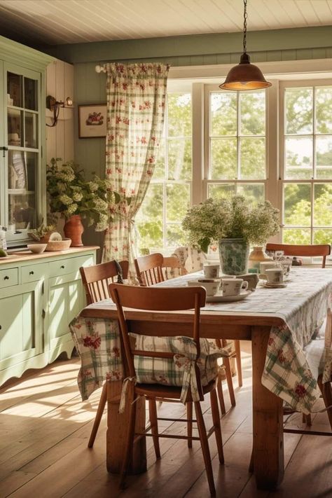 Grandmacore Dining Room, Cottage Bay Window, Cozy Cottage Dining Room, Hobbit House Decor, Cottagecore Apartment Decor, Cottage Core Table, Cottage Core Dining Room, Country House Colors, Cute Dining Room