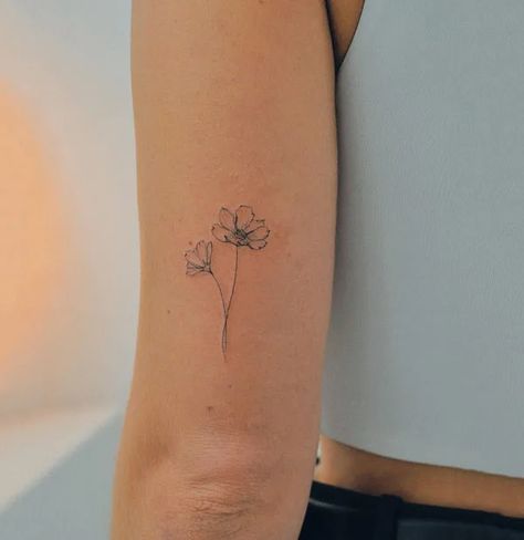 Cosmo Floral Tattoo, Two Cosmos Flowers Tattoo, Small Cosmo Flower Tattoo, Cosmos And Poppy Flower Tattoo, Poppy And Cosmos Tattoo, October Flower Tattoo Ideas, Violet Line Tattoo, Small Cosmos Flower Tattoo, Cosmo Birth Flower Tattoo