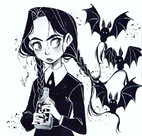 The Addams Family Art, Goth Fanart, Wednesday Addams Drawing, Wednesday Addams Fanart, Gothic Artwork, The Addams Family, Goth Art, Family Illustration, Family Art