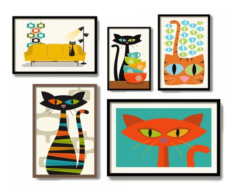 Mid-century Modern Cat Art from DexMex • hauspanther Mid Century Party Ideas, Mid Century Artists, Mid Century Modern Cat Art, Retro Art Ideas, Mid Century Cat Art, Mid Century Modern Art Diy, Mcm Painting, Pottery Party, Modern Cat Art