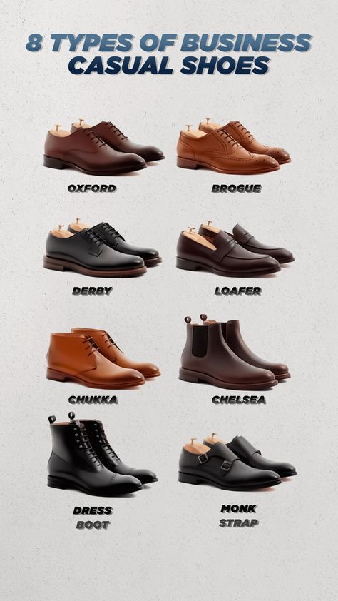 8 TYPES OF BUSINESS CASUAL SHOES Mens Dress Shoes Guide, Types Of Business, Shoes Guide, Shoe Chart, Business Casual Shoes, Oxford Brogues, Boot Straps, Business Shoes, Mens Dress