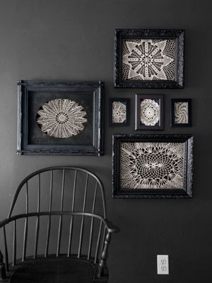 need to reframe my doilies...like the black background Antique Doilies, Framed Doilies, Doily Art, Tricia Guild, Doilies Crafts, Spooky Halloween Party, Diy Halloween Decor, Lace Doilies, Diy Halloween Decorations