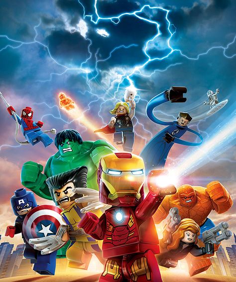 Lego Marvel Super Heroes Key Art and Print Ads Lego Hacks, Lego Poster, Marvel Party, Foto Cartoon, Lego Marvel's Avengers, Lego Videos, The Lego Movie, Lego Marvel Super Heroes, Avengers Party