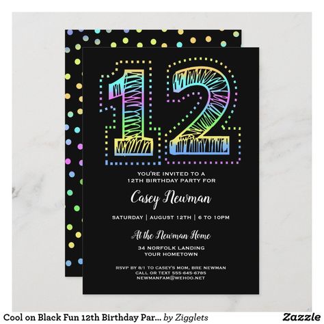 Cool on Black Fun 12th Birthday Party Invitation Celebration Invitations, Winter Birthday Invitations, 10th Birthday Invitation, 10th Birthday Party, Summer Birthday Invitations, Theme Garden, Spring Birthday, Birthday Cards For Mom, 10th Birthday Parties