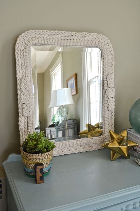 Cotton rope gets braided and woven to form an intricate and textural frame for a salvaged thrift store mirror. Rope Mirror, Macrame Mirror, Mirror Makeover, Handmade Mirror, Macrame Wall Hanging Diy, Frameless Mirror, Wall Hanging Diy, House Smell, Macrame Decor