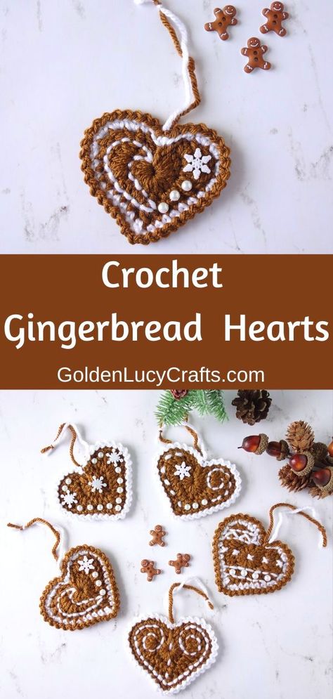 Make these beautiful crochet Gingerbread Heart ornaments to decorate your home and Christmas tree or give them to friends and family! Free crochet pattern, gingerbread decorations, holiday crochet, DIY Christmas ornament, #gingerbreadheart, #christmasornament, #crochetchristmasornament, #christmasdecorations Gingerbread Heart, Crochet Gingerbread, Crochet Xmas, Gingerbread Decorations, Crochet Christmas Trees, Crochet Christmas Decorations, Beginner Sewing, Crochet Ornaments, Christmas Hearts