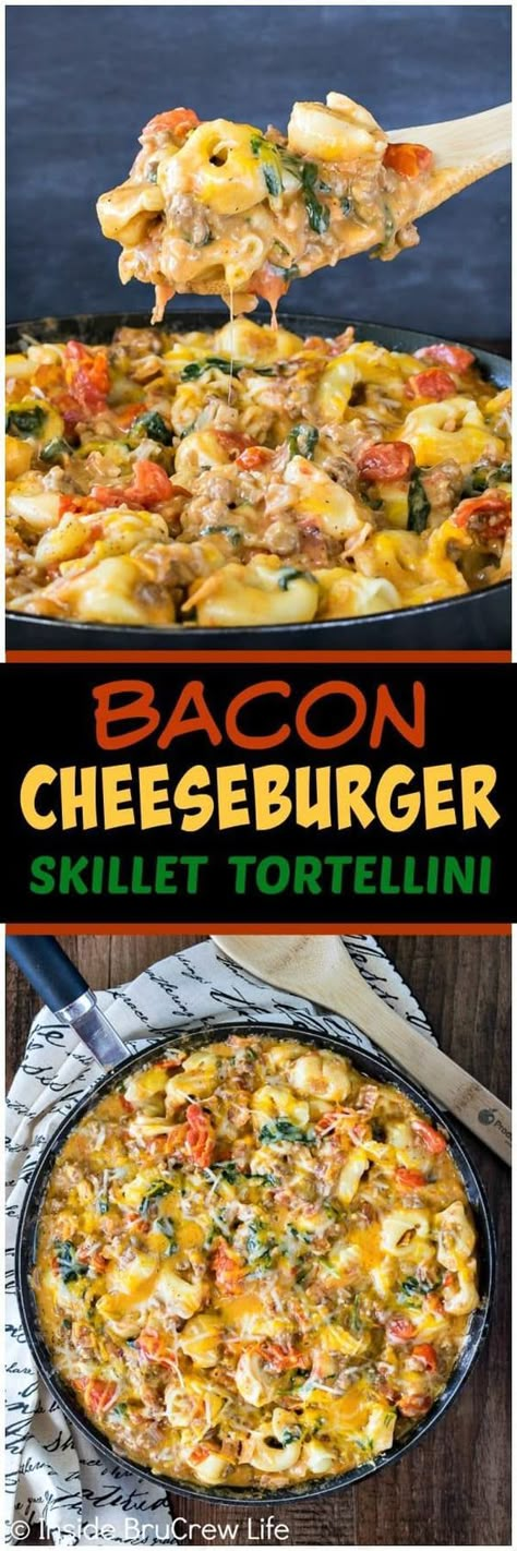 Bacon Cheeseburger Skillet Tortellini - this quick and easy pasta dinner is loaded with meats, veggies, and cheese. Great 30 minute dinner recipe for busy nights! Triple Cheesecake, Bacon Cheeseburger Skillet, Skillet Tortellini, Cheeseburger Skillet, Ranch Pizza, Cheddar Broccoli, Monterey Chicken, Easy Pasta Dinner, Tortellini Recipes