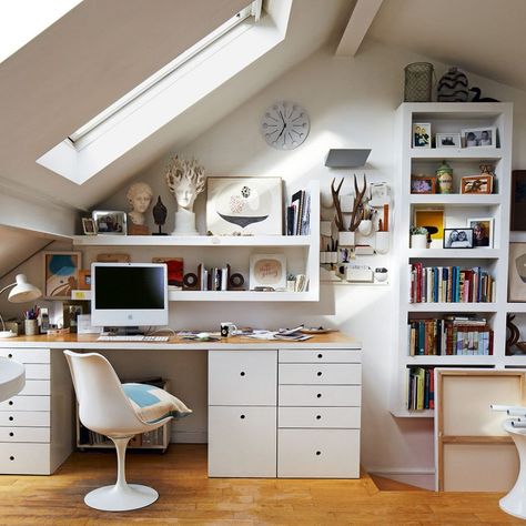 White Corner Desk, Attic Rooms Ideas, Attic Nook, Attic Decor, Working Room, Artist Workspace, Workspace Ideas, Attic Office, Youth Rooms