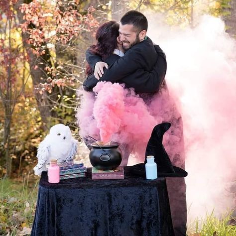 Hogwarts Gender Reveal, Goth Gender Reveal Ideas, Witchy Gender Reveal Ideas, Gothic Gender Reveal, Gender Reveal Harry Potter Theme, Gender Reveal Ideas Halloween, Cauldron Gender Reveal, Goth Gender Reveal, Spooky Gender Reveal Ideas