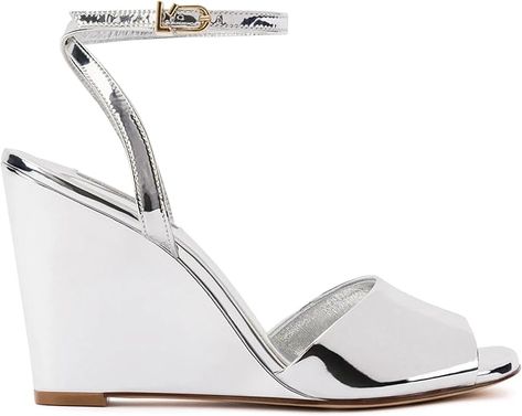 Amazon.com: Yves Wedge In Silver Specchio Silver 7.0 : Luxury Stores Hunter Heels, Trending Designer Bags, Teal Heels, Logo Handmade, Shades Of Silver, Bag Boutique, Silver Wedges, Pleaser Heels, Girls High Heels