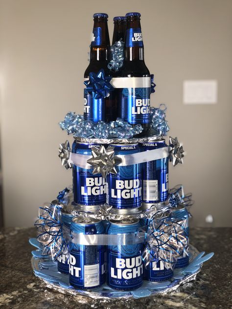 Budlight Cakes, Bud Light Beer Cake, Budlight Beer Cake, Bud Light Birthday, Bud Light Cake, Beer Cake Recipe, Beer Can Cakes, Liquor Gift Baskets, Bud Light Can