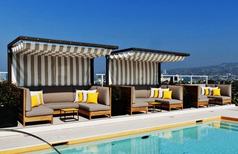 striped awnings Rooftop Cabana, Los Angeles Bars, Hotels In Los Angeles, Pool Cabanas, Kimpton Hotels, Los Angeles Hotels, Hotel Pool, Rooftop Pool, Rooftop Bar