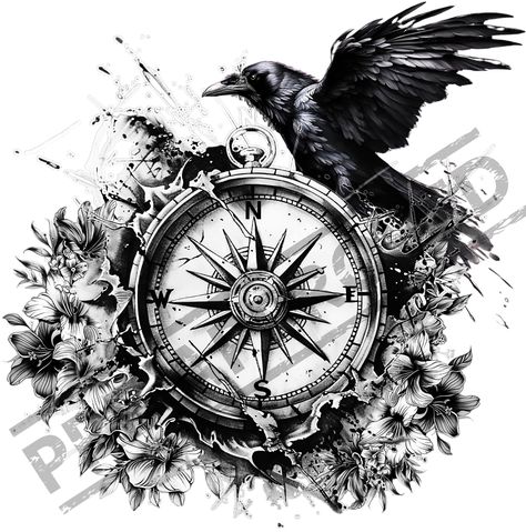 Raven & Compass Tattoo Design | High Resolution 4K | Canvas Art | Printable SVG Stencil Included by GPBridgetown on Etsy Compass Tattoo Design, Tattoo Templates, Raven Tattoo, Bridgetown, Compass Tattoo, Art Printable, Tattoo Design, Compass, Printable Art