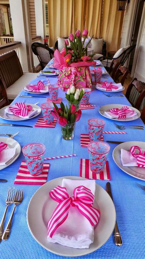 Preppy Table Setting, Lilly Pulitzer Party Decorations, Preppy Birthday Party, Lilly Pulitzer Party, Blue Tablescape, Lilly Party, Preppy Birthday, Preppy Party, Prep Table