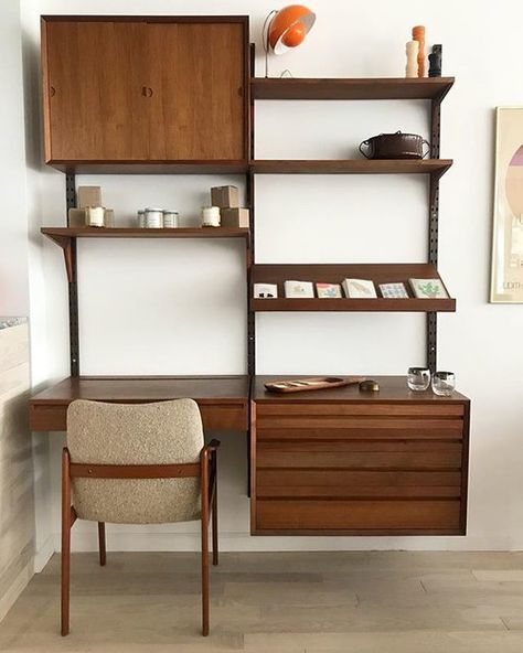 Danish Mid Century Cado floating wall unit with vanity/desk in teak! $2900 for the unit. Mid Century Teak Kai Kristiansen style Desk Chair, $265. • And lots of great holiday gifts! 〰〰〰 #cado #cadounit #danishmodern #danishdesign #midcenturymodern #midcenturymodernfurniture #teak #wallunit #storage #desk #office#home #homeunion #forsale #brooklyn #nyc #williamsburg #interiordesign #classic #timeless Mid Century Wall Unit, Desk Wall Unit, Modern Wall Units, Mod Furniture, Mcm Furniture, Modular Walls, Wall Desk, Mid Century Modern Walls, Vanity Desk