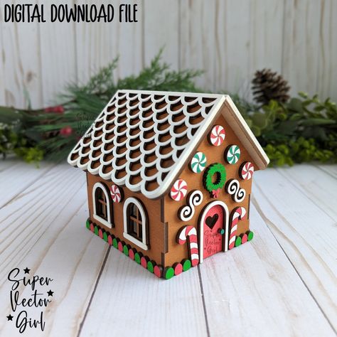 3D Gingerbread House, SVG, Digital Laser Cut File, DIY Christmas Village, Craft Decorate, Build Your Own, Wood Kit Kids Gingerbread House Svg, 3d Gingerbread House, 3d Gingerbread, Boo Gift, Diy Christmas Village, Maker Project, Board Games For Kids, Navidad Christmas, Mother's Day Diy