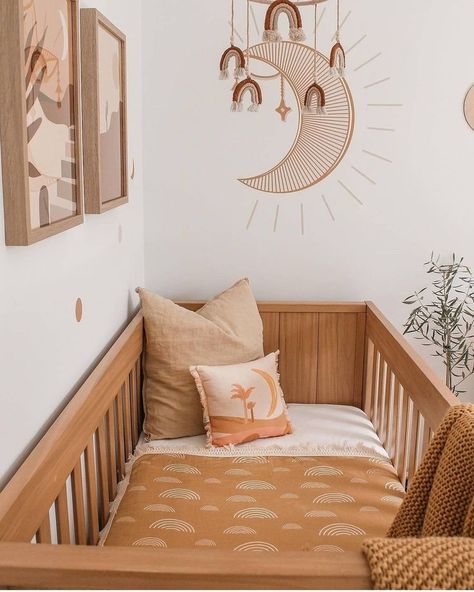 3 Little Crowns on Instagram: "Friday night room inspo!! What beautiful cot styling and loving all the earthy neutrals 🧡🤎 You can shop Ziggy Lou Fringe Rainbow Swaddles online now. Happy Friday xo . . 📷 @our.peachy.days . . . . . . #3littlecrowns #babysroom #nursery #babyroom #nursery #nurserystyling #kidsrug #nurseryinspo #babyannouncement #newmum #motherhood #newborn #newbornbaby #babiesroom #babyroomd..." {orange nursery ideas gender neutral, neutral nursery ideas boho, boho moon nursery} Boho Wall Decals, Beach Wall Decals, Sun Wall Decor, Rainbow Fabric, Moon Nursery, Kids Room Decals, Kids Room Inspiration, Room Decals, Flower Wall Stickers