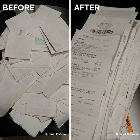 Here are some tips to organize receipts–you, your bookkeeper, your CPA, and your professional organizer will appreciate having the receipts unfolded, like-with-like, and all in the same direction. #organizer #professionalorganizer Organize Receipts, At The Gas Station, Receipt Organization, File Organiser, File Box, Dry Cleaners, Professional Organizer, How To Organize, Clothing Stores