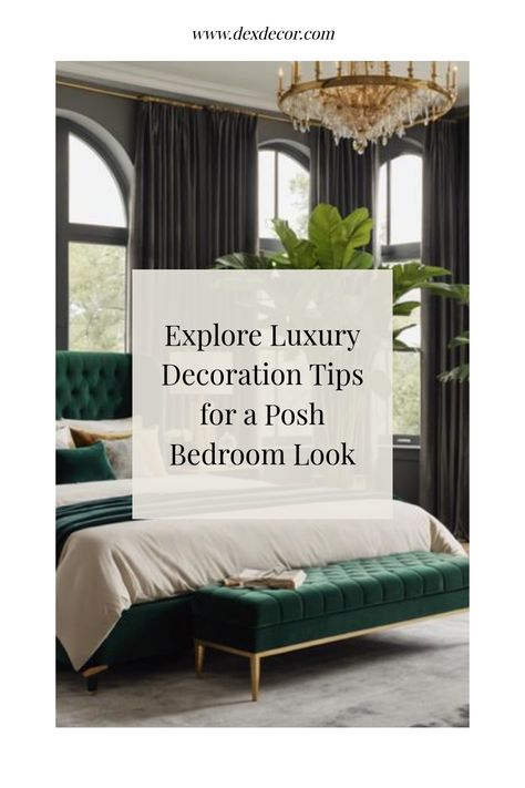 Luxurious bedroom with a velvet green bed, large windows, and a chandelier. Posh Bedroom, Kitchen Tile Inspiration, Ensuite Bathroom Designs, Modern Bedroom Colors, Compact Kitchen Design, Bedroom Decoration Ideas, Chic Desk, Luxe Decor, Luxury Decoration