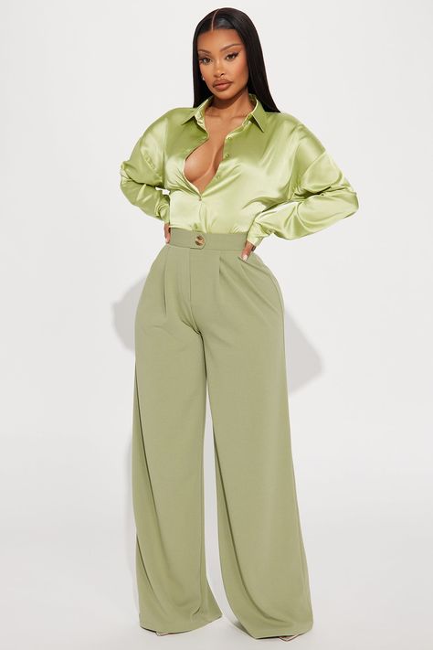 Available In Black, Ivory, Beige, Green, And Pink. Satin Shirt Long Sleeve Button Down Collar Non Stretch 96% Polyester 4% Spandex Imported | Ariel Satin Shirt in Green size XS by Fashion Nova Amazon Womens Suits, Corporate Trousers For Ladies, Pants Suits For Women Chic, Black Women Business Attire, Wide Leg Work Pants, Office Fits, Pant Trouser, Office Wear Women, Stylish Work Attire