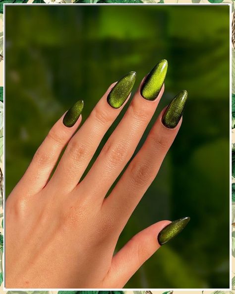 Looking for earthy green nail colors inspiration? Check out these 11 stylish ideas and tips for a chic manicure. From olive to sage, these shades will elevate your nail game. Perfect for any season, these earthy green hues will add a touch of sophistication to your look. Greens And Gold Nails, Gel Nail Fall Colors, Short Almond Nails August, Earth Tone Green Nails, Metallic Olive Green Nails, Long Almond Nails Green, Cateyes Nails Green, Magnetic Green Nails, Velvet Nails Green