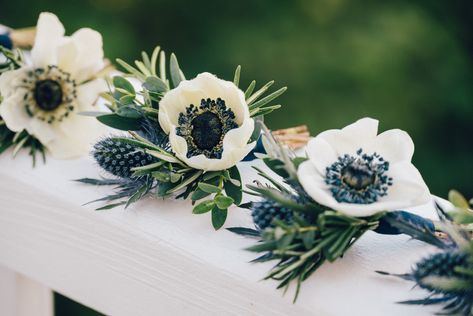 Adorable, simple boutonnieres for Stone Acres Farm Wedding in Blue, white and green. Rosemary, anemones, parvi and thistle! Floral Design: Hana Floral Design @hanafloral Photographer: Maggie Conley https://www.maggieconleyphotography.com Thistle Boutonniere, Simple Boutonniere, Wedding Boutonnieres, Blue White Weddings, Wedding Vibes, White Stock, Blue Ink, Farm Wedding, Anemone