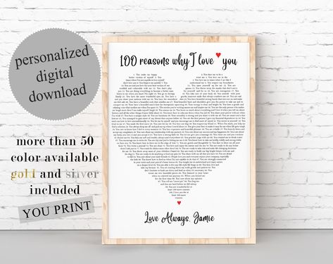 THIS PRINT IS AN INSTANT DOWNLOAD, NO PHYSICAL PRODUCT WILL BE SHIPPED TO YOU. "100 Things I Love About You" or "We" love Let someone know how special it is important to you, with this personalised gift. This DIY Printable in digital download is a fabulous gift for her or him. The custom gift can be made for anyone, from anyone and have the things you love about them. It's a perfect gift idea for Anniversary, and also Birthday, Mother's Day, Father's Day, Family Reunion and also best friend gift. Print, frames (or print on canvas) and present it, look your recipient smile thrilled while opening a gift unique and memorable! -------- ♥ HOW TO PLACE YOUR ORDER: 1. Add item to your cart. 2. Please send me your list of "Things/Reasons" via Etsy messages. If you prefer you can email me to: print 100 Reasons Why I Love You, Reasons I Love You, Reasons Why I Love You, Why I Love You, Spelling And Grammar, Things I Love, Anniversary Gift For Her, Diy Printables, West Elm