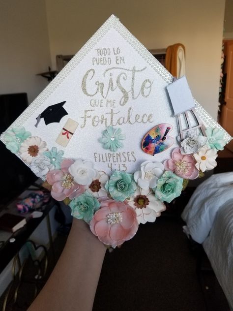 Graduation Cap Decor with bible verse College Graduation Cap Ideas Christian, Graduation Cap God Quotes, Graduation Cap Designs God Quotes, Christian Caps Graduation, Grad Cap Bible Verse, Cap Decoration Graduation Bible Verse, Catholic Graduation Cap, Bible Graduation Cap, Christian Cap Decoration