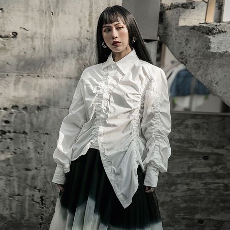 Fashion Draping, Pleated Neckline, Oversize Casual, Loose Shirt, American Brand, Loose Shirts, Creamy White, Pure Color, Oversized Shirt