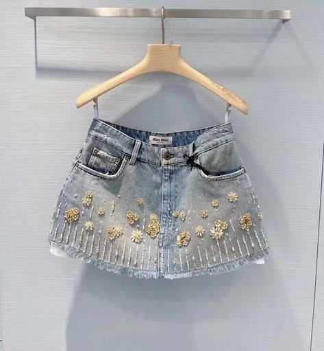 Miu Miu Denim Skirt, Miumiu Dress, Sparkle Jeans, Diy Denim Jacket, Monochromatic Fashion, Denim Embroidery, Hi Fashion, Career Fashion, Kawaii Fashion Outfits