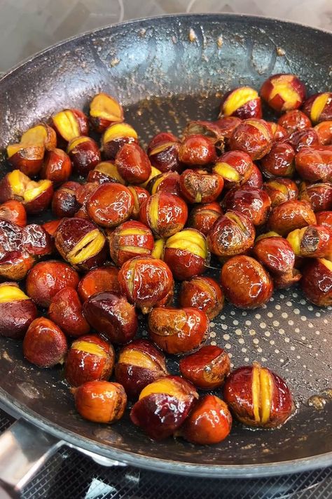 Roasted Chestnuts (Pan Roasted with Butter & Sugar) | Recipes Roasted Chestnuts Recipes Fire, Roasting Chestnuts Recipe, Fresh Chestnut Recipes, How To Roast Chestnuts At Home, Roasting Chestnuts In Oven, Chestnut Baked, Yuletide Food, Roasted Chestnuts Oven, Roasted Chestnuts Recipes