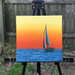 Richa Shah (@richascreativity) • Instagram photos and videos Sunset Boat Painting, Sailboat Painting Acrylic, Boat Painting Canvas, Boat Painting Acrylic, Beach Canvas Paintings, Planet Painting, Sunset Canvas Painting, Boat Drawing, Sky Art Painting