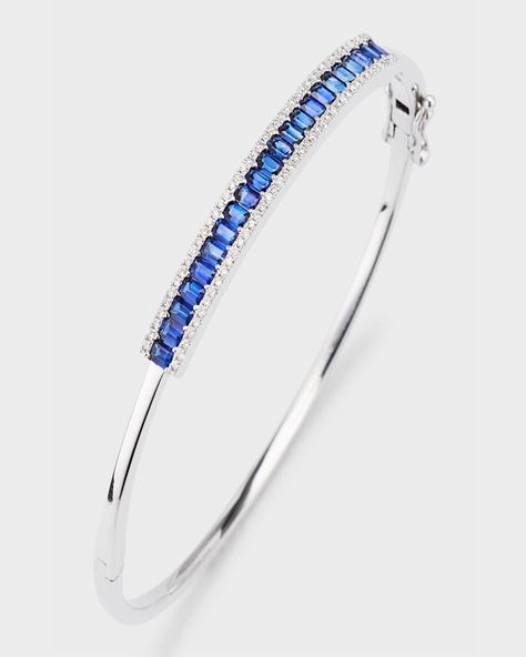 Find DAVID KORD 18k White Gold Bangle With Blue Sapphires And Diamonds on Editorialist. David Kord bangle bracelet Solid 18karat white gold with a polished finish Blue sapphires in shared prong settings Edges are decorated with diamonds 2.07 total sapphire carat weight 0.31 total diamond carat weight Hinged opening eases dress Imported Sapphire Bangle, Blue Sapphire Bracelet, White Gold Bangle, Latest Bracelets, Yellow Gold Bangle, White Gold Bracelet, Sapphire Bracelet, White Gold Jewelry, Gold Bangle Bracelet