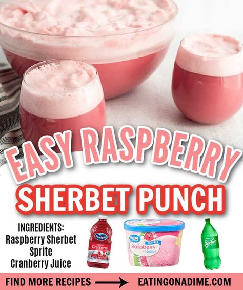 You will love this Easy Raspberry Sherbet Punch Recipe. With only 3 ingredients it is the the best punch for summer parties or baby showers. This is the best non-alcoholic punch for any holiday or party. #eatingonadime #drinkrecipes #punchrecipes #sherbertrecipes Bridal Shower Non Alcoholic Punch, Easy Summer Birthday Party Food, Graduation Punch Recipes Non Alcoholic, Pink Sherbet Punch, Pink Punch For Baby Shower Recipe, Fruity Drinks Non Alcoholic, Raspberry Sherbet Punch, Summer Punch Recipes, Pink Punch Recipes