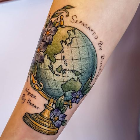 World Globe for Renata featuring the handwriting of her brother.  Terrestrial globes are spherical maps of the world and is the only "true"… Vintage Globe Tattoo, Earth Globe Tattoo, Globe Tattoo Design, Darling Tattoo, Teacher Tattoo, Globe Tattoo, Maui Tattoo, Big Tattoos, Teacher Tattoos