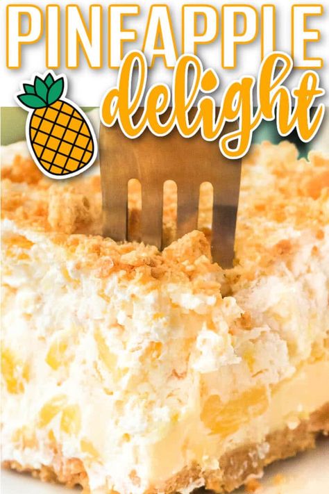 Heavenly Pineapple Pecan Cheesecake Bars, Pineapple Delight Dessert Cool Whip, Light Pineapple Desserts, Pineapple Surprise Dessert, Coconut Pineapple Dessert Recipes, Pineapple Delight Recipe, What Can I Make With Crushed Pineapple, Tropical Pineapple Paradise Pie, No Bake Pineapple Desserts Easy