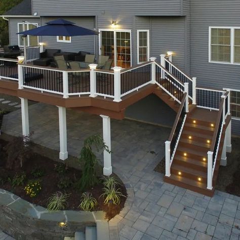 Custom Deck @ Dusk - Craftsman - Deck - New York - by Orange County Deck Co. | Houzz High Back Deck Ideas, Two Level Deck With Pool, Patio Next To Deck, Deck With Patio Underneath, Deck Off Back Of House, Two Level Deck, Second Floor Deck, Patio Under Decks, High Deck