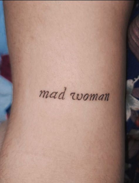 Mini Tats Taylor Swift, Mad Woman Taylor Swift Tattoo, Taylor Swift Simple Tattoo, Mad Woman Tattoo, Tiny Word Tattoos, This Is Me Trying Tattoo, All Too Well Tattoo, Taylor Swift Tattoo Ideas Simple, The Archer Tattoo