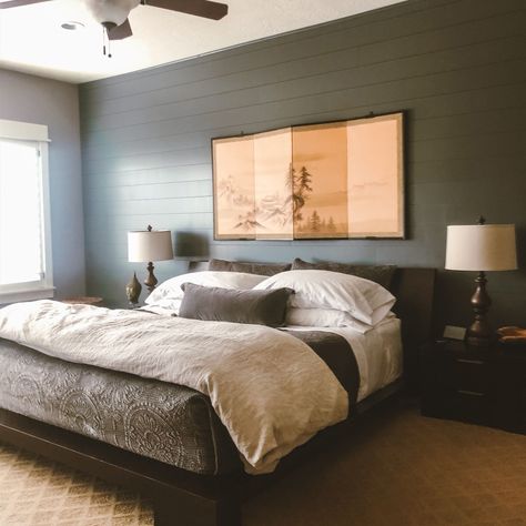 Accent Wall With Window In It, Wall Panneling Behind Bed, Shiplap Wallpaper Bedroom Accent Wall, Shiplap Wall With Wallpaper Ceiling, Wood Panel Wall Bed, Wood Headboard Brick Wall, Horizontal Wood Slates Behind Bed, Gray Walls Master Bed, Bed Shiplap Wall