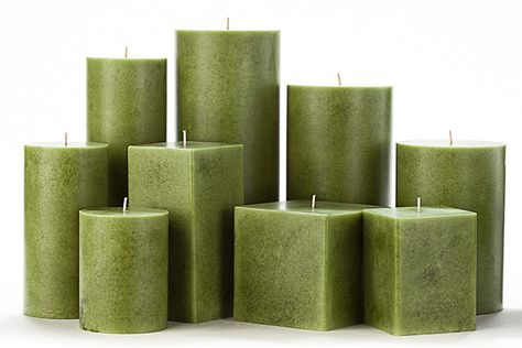 Olive Green Candles, Dark Green Candles, Green Candles, Camp Ground, Coloured Candles, Creative Candles, Rustic Candles, Green Candle, Gold Candles