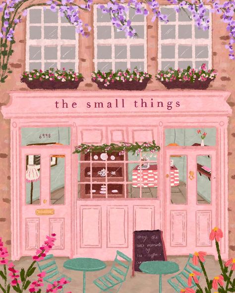 Art by Isobelle. Coffee shop illustration Coffee Shop Illustration, Village Noel, Animation Portfolio, Lovely Illustrations, Paris Illustration, Chanel Art, Shop Artwork, Shop Illustration, The Small Things