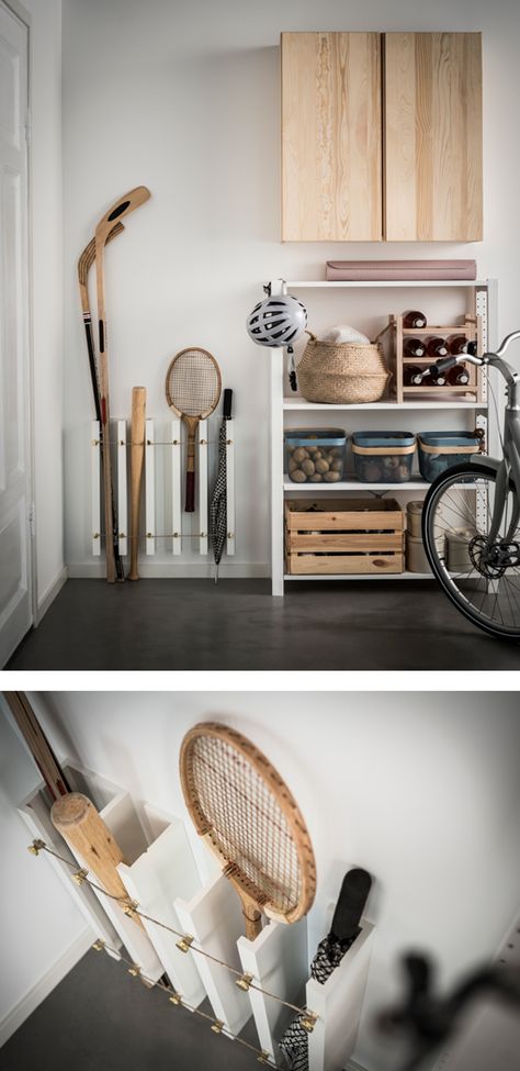 Hallway Storage Ikea, Ikea Mosslanda Hack, Ikea Garage Storage, Ikea Storage Shelves, Ikea Garage, Garage Storage Hacks, Ikea Mosslanda, Ikea Picture Ledge, Sports Equipment Organization