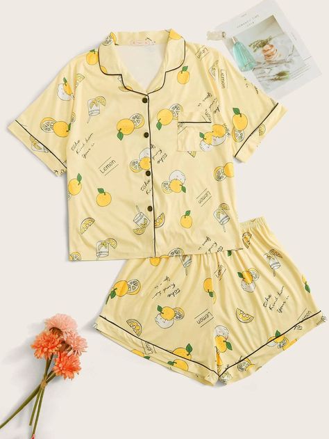 Plus Lemon Print Lapel Collar PJ Set | SHEIN USA Yellow Two Piece, Plus Size Pajamas, Lemon Print, Set Women, Yellow Fashion, Pajama Sets, Pj Sets, Lapel Collar, Short Sets