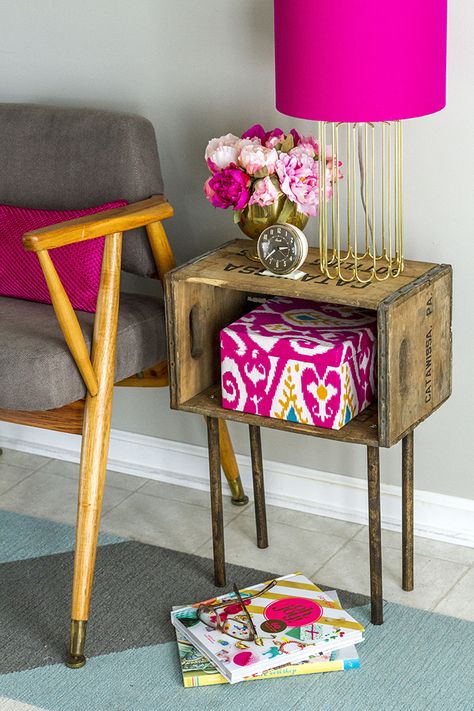 DIY Wooden Crate Side Table | Dream Green DIY Crate Side Table, Old Wooden Crates, Diy Wooden Crate, Home Goods Decor, Wood Crates, Wooden Crates, Diy Table, Wooden Crate, Wooden Diy