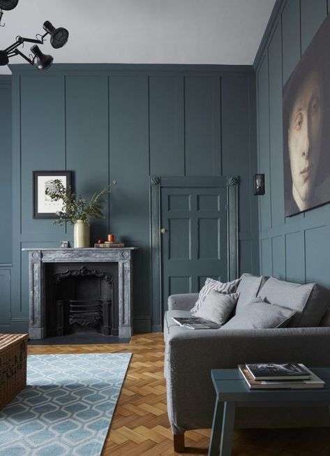 Moody And Dramatic Dark Living Room Ideas and Paint Inspiration Mcgee Paint Colors, Trees Made From Old Doors, Studio Mcgee Paint Colors, Studio Mcgee Paint, Farrow And Ball Inchyra Blue, Dark Living Room Ideas, Studio Mcgee Living Room, Teal Living Room Decor, Grey Fireplace